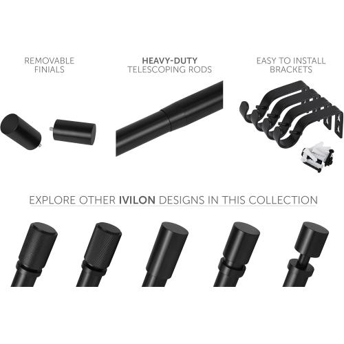 Ivilon Curtain Rods for Windows - Long End Cap Design, 1 inch Diameter, Telescoping Adjustable Curtain Rod, 72 to 144 Inches. Color Black