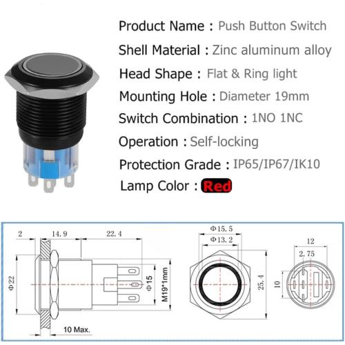 19mm Latching Push Button Switches SPDT ON/Off Waterproof Black Metal 12V Ring LED with Wire Plug (Red)