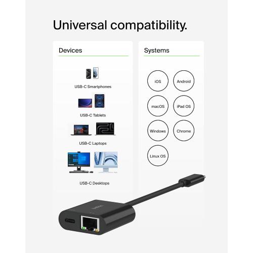 Belkin Connect USB-C to Ethernet   Charge Adapter 100W w/Gigabit Ethernet Port and USB-C Port - 10/100/1000 Mbps for Fast Internet Connection - Compatible with iPhone 17, Samsung Galaxy S25, & More