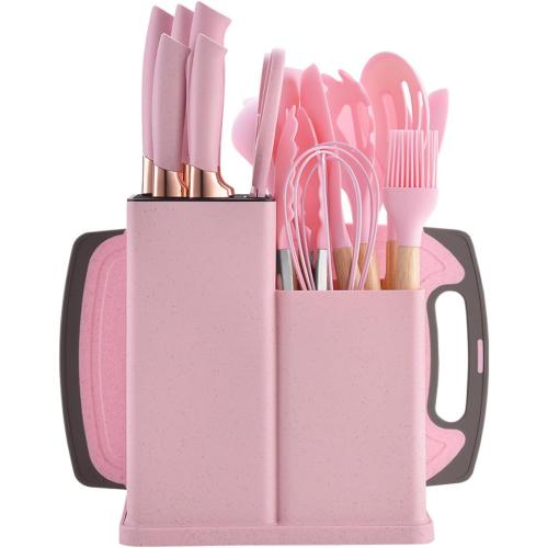 19 Piece Kitchenware Utensils and Knife Set- Includes: 9 Piece Silicone Cooking Utensils- 5 Piece Sharp Stainless Steel Chef Knives- Scissors -Whisk Tongs and Cutting Board (Pink)