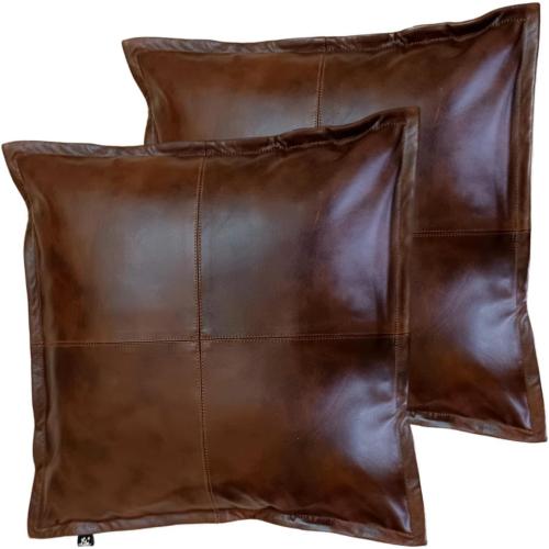 Leather Cushion Case 16 X 16 Inch, Pack of 2 Thick Antique Brown Modern Decorative Square Bedroom, Living Room Pillow Cover for Couch Bed Sofa
