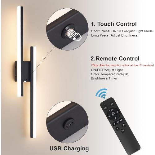 Modern Battery Operated Wall Sconce Set of 2,Dimmable Rechargeable Indoor Led Wall Sconce Lighting,Black Wireless Wall Lamps with Remote Control for Living Room Bedroom Bathroom Hallway