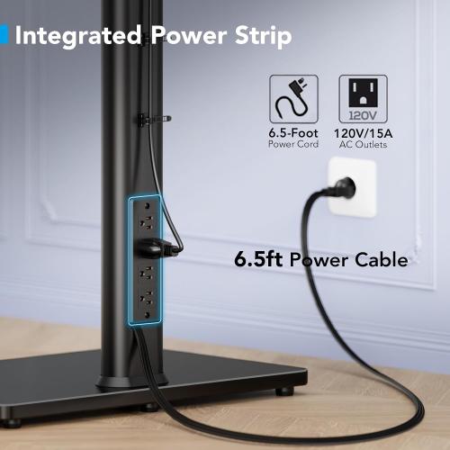 AX WABER Floor TV Stand with Power Outlet, Universal TV Stand Mount for 27-65 inch TV up to 88lbs, 70 Degree Swivel 9 Level Height Adjustable with Tempered Glass Base for Bedroom, Office Black