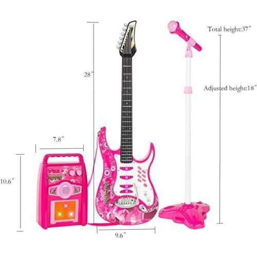 Willbebest Kids Karaoke Microphone & Guitar Set - Electric Guitar with Microphone Amplifier for Boys & Girls (Pink)