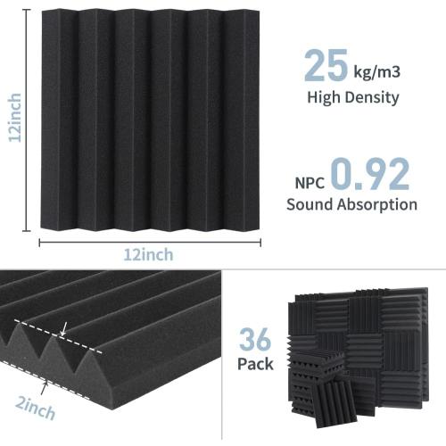 Sound Proof Foam Panels - 12 x 12 x 2 Inches 36 Pack Wedges Acoustic Foam Panels Sound Proofing Padding for Walls and Ceiling High Density Foam Studio Foam (Black)