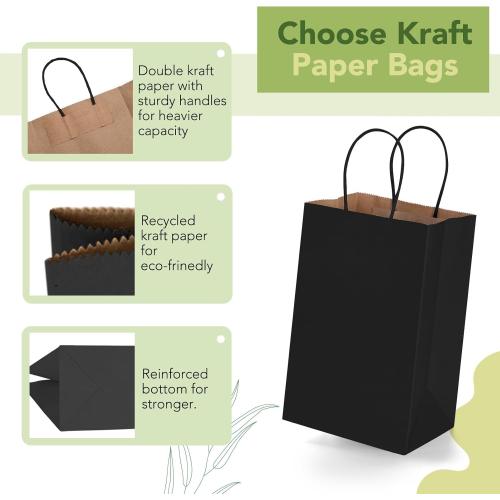 MESHA Kraft Gift Bags 200 Pack 5.25x3.75x8 Inch Small Black Paper Bags with Handles Bulk for Small Business,Birthday,Party,Wedding,Retial,Shopping Bag