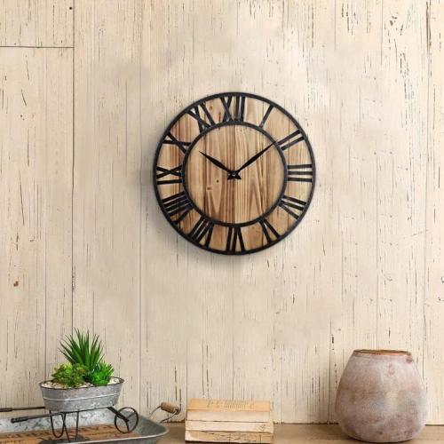 16-Inch Rustic Vintage Metal & Wood Silent Non-Ticking Decorative Wall Clock with Large Roman Numerals