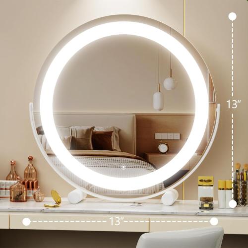 WHITE FRAME 12 Round Vanity Mirror, LED Lights, Smart Touch 360°Rotation, Dimmable White