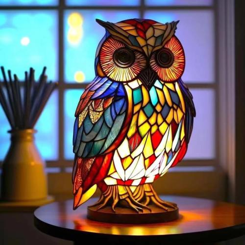 Retro Stained Glass Owl Night Light Lamp for Bedroom Living Room Dining Room Nursery Office Home Decoration