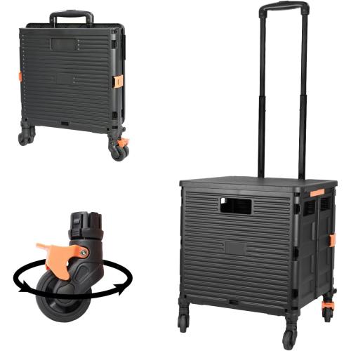 Utility Cart Folding Portable Rolling Crate Handcart with Lid Durable Heavy Duty Plastic Telescoping Handle Collapsible 360 Degree Rotate Wheels for Travel Shopping Moving Luggage Office Use,Black
