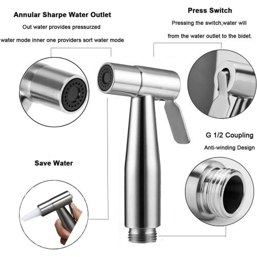 Silver Handheld Bidet Sprayer Toilet Kit - Water Tank Hook and 59in ABS Flexible Telescopic Hose
