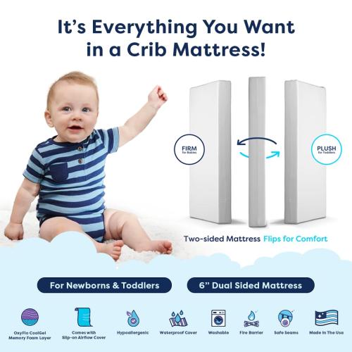 BLUE AND WHITE Moonlight Slumber Luxury Dreamer Crib Mattress - Dual-Sided, 2-Stage Baby and Toddler Mattress with Cool Memory Foam Layer and Breathable Mattress Cover - Hypoallergenic and Waterproof - 52x27.5x6