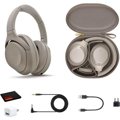Sony WH-1000XM4 Wireless Noise Canceling Overhead Headphones with Mic for Phone-Call, Voice Control, Silver, with USB Wall Adapter and Microfiber Cleaning Cloth - Bundle