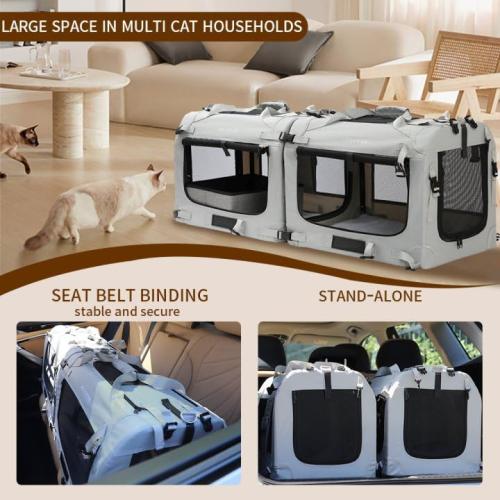 Size Extra Large Color Grey Cat Carrier Soft Sided, Portable Small Dog Carrier for 2 Cats, 24x16.5x16 Car Travel Folding Comfortable Design with Litter Box and Bowls, Grey-2  Litter Box  Bowl*2
