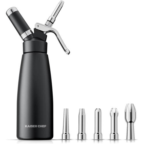 Professional Aluminum Whipped Cream Dispenser - 500 mL/1 Pint,Whipped Cream Maker Canister with 5 Decorating Nozzles & Cleaning Brush - Need To Use N2O Chargers (Not Included) (Black, 500ml)