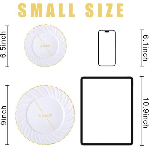 U-QE 100 Pieces Gold Plastic Plates - Premium White Plastic Plates for Party, Wedding and Daily Use Including 50PCS 9 '' Plastic Dinner Plates & 50PCS 6.5 '' Plastic Dessert Plates