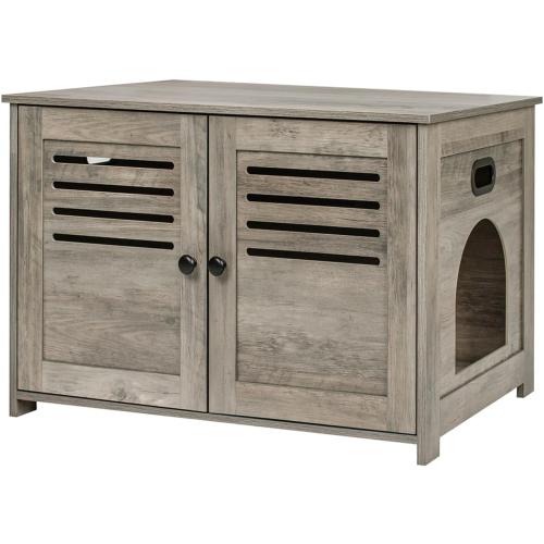DINZI LVJ Litter Box Enclosure, Cat Litter House with Louvered Doors, Entrance Can Be on Left or Right Side, Spacious Hidden Washroom for Most of Box, Furniture Cabinet, Gray Wash