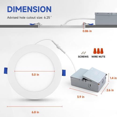 ECOELER 6 Inch Slim Recessed Lighting with Junction Box, Dimmable Recessed Can Lights, 5000K Daylight, 12W 1100Lm Dimmable LED Downlight, ETL & FCC Listed