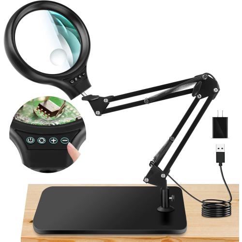 NZQXJXZ 10X 30X Large Magnifying Glass with Light and Stand, 5-inch LED Lighted Magnifier, 3 Color Modes Stepless Dimmable, Hands-Free Magnifying Glass Desk Lamp for Reading Craft Hobby Close Work
