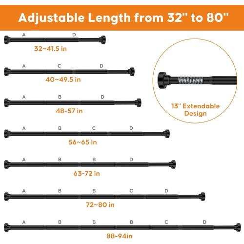 Shower Curtain Rod, 32-80 Inches Adjustable Spring Tension Curtain Rod, Stainless Steel Rust-Proof Shower Rod for Bathroom, No Drilling, Non-Slip, Black