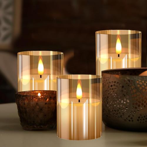 Tyawon Glass Battery Operated LED Flameless Candles with Remote and Timer, Real Wax Candles Warm Color Flickering Light for Festival Wedding Home Party Decor(Pack of 3)-Gold
