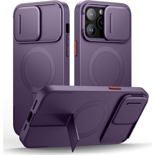 SURITCH for iPhone 14 Pro Max Case with Magnetic Camera Slide Cover and Adjustable Kickstand, Compatible with MagSafe, Shockproof Bumper Case Slim Protective Cover 6.7 Inch, Dark Purple