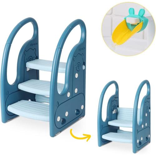 Toddler Step Stool Chair Onasti Kids 3 Step Standing Tower for Toddlers Plastic Learning Helper Stool for Kitchen Counter Bathroom Sink Toilet Potty Training with Handles and Non-Slip Pads-Blue