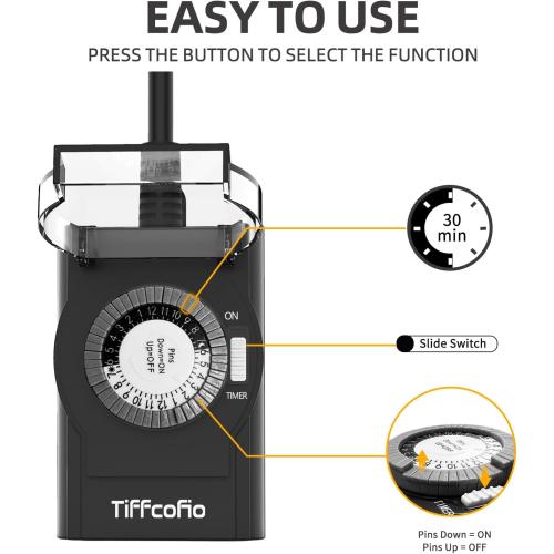 TiFFCOFiO Outdoor Timer Outlet Waterproof, 24 Hour Mechanical Light Timer Outdoor, 2 Grounded Outlets for Home and Garden, 15A 1/2HP, Heavy Duty, ETL Listed (1 Pack)