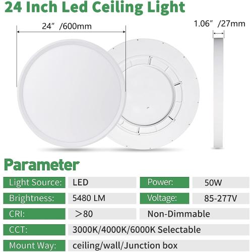 Size 24 Inch Color White Large LED Flush Mount Ceiling Light, 50W,5480LM, 3000K/4000K/6000K CCT Selectable,White Round Flat Panel Low Profile Ceiling Light Fixtures for Hallway, Kitchen, Bedroom, Laundry Room