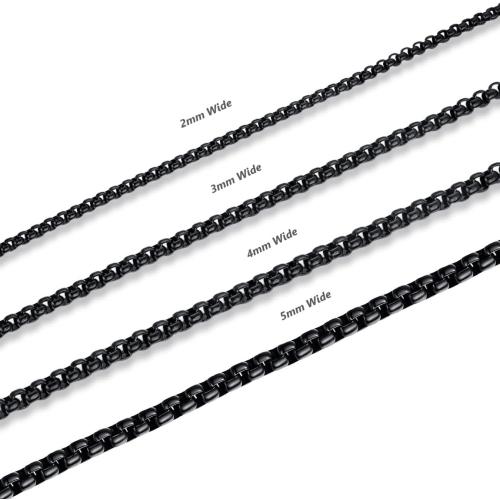 FOSIR Mens Womens Stainless Steel Black Rolo Cable Chain Necklace, Round Box Chains for Men, 2/3/4/5mm Width