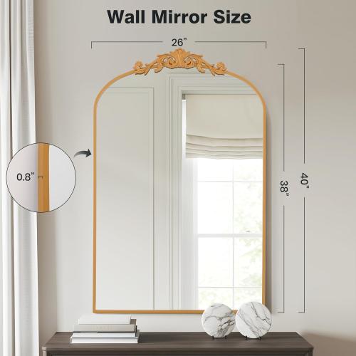 Filigree Arched Wall Mirror 26x38 Retro Wall-Mounted Mirror with Vintage Ornate Carved Applique Hanging Leaning Antique Home Decor Mirror for Fireplace Living Room Entryway Hallway Bathroom, Gold