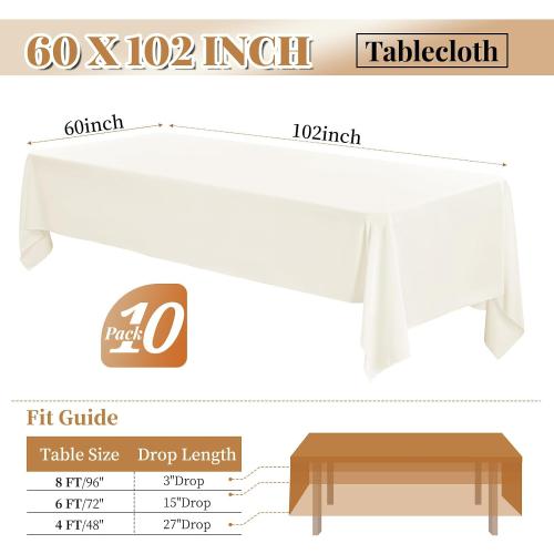 fani 10 Packs Ivory Tablecloth - 60 x 102 Inch for 6Ft Tables | Washable Polyester Fabric, Stain Wrinkle Resistant Rectangle Table Cloth for Wedding Banquets Parties Buffet Dining