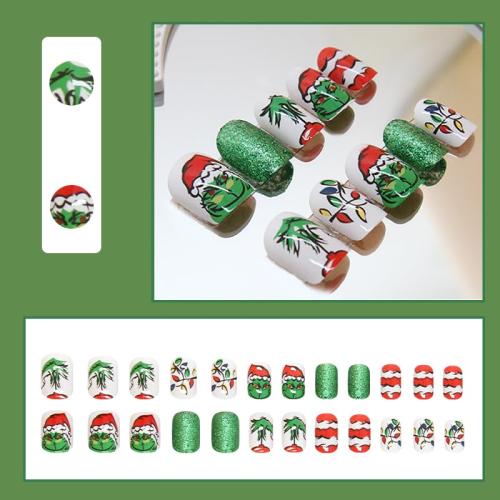 24Pcs Christmas Short Press on Nails Green Monster Fake Nails with Glue Red White Stripes Acrylic Nails Supply Holiday Winter Xmas False Nails Green Glossy Glitter Christmas Nails for Women and Girls 3pk