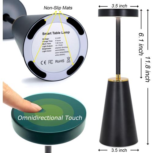 Cordless Table Lamps, Touch Control Battery Operated Desk Lamp for Living Room Set of 2, Bedside Lamps for Nightstand, Rechargeable LED Desk Lights for Bedroom/Restaurant/Cafe/Bars/Outdoor/Gift(Black)