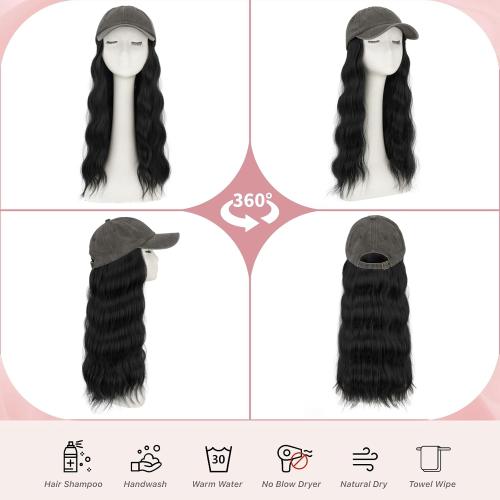SEGO Hat Wigs, Hat with Hair Attached for Women Soft Denim Cap Wigs Long Wavy Curly Adjustable Baseball Cap With Hair Extensions -Gray 18-#01 Jet Black