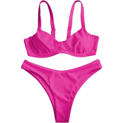 ZAFUL Women's Ribbed Underwire Bikini Set High Cut Colorblock V Notch Swimwear Printed High Leg Swimsuit