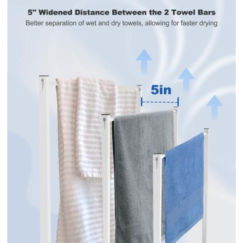 44 Inch Tall Free Standing Towel Rack with Metal Storage Shelf & 6 Hooks for Bathroom, 3 Tiers Heavy Duty Blanket Drying Stand Holder for Outdoor Pool, Bedroom, Living Room, White