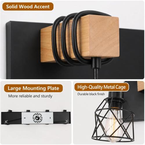 Farmhouse Bathroom Light Fixtures, 3-Light Vanity Lights for Bathroom, Black Wood Bathroom Lighting Over Mirror with Metal Shades, Bulbs Not Included