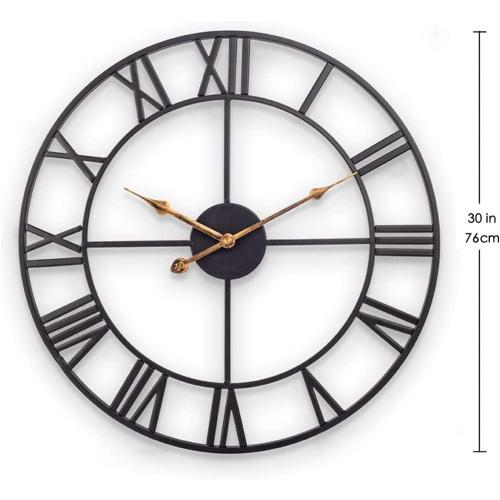Size Large Color Black Industrial Wall Clock with Roman Numerals, Indoor Silent Non-Ticking Retro Clock, Vintage Metal Decorative Black Metal Art Clock Battery Operated for Home Kitchen Cafe Hotel Office Decor,1