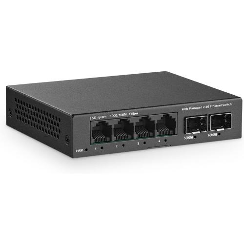 Black 6 Port 2.5G Managed Switch, 4 x 2.5Gbps Base-T Ports and 2 x 10G SFP  Slot, Support LACP/QOS/VLAN/IGMP, Mini Metal Fanless YuLinca 2.5Gb Easy Web Wallmount Switch