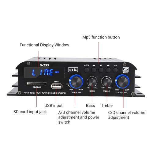 S299 Max 800W Bluetooth Home Audio Amplifier, RMS 40Wx4 4.1CH Bluetooth Power Amplifier with Active Subwoofer, Sound Audio System w/AUX, Headphone Jack, USB, SD, Remote Control - Suacopzar