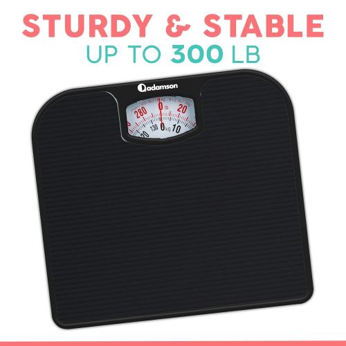 Adamson A21 Analog Scales for Body Weight - Up to 300 LB - New - Anti-Skid Rubber Surface - Large Numbers - Analog Bathroom Scale - Affordable - Durable with 20-Year Assurance - Full Black