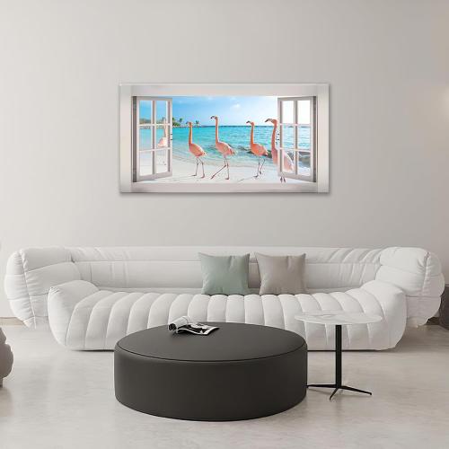 Flamingo Beach Ocean Large Wall Art Coastal Pictures Wall Decor Pink Flamingos Landscape 3d Window Big Canvas Prints Framed Modern Painting Artwork for Hotel Bathroom Living Room Office 60x30