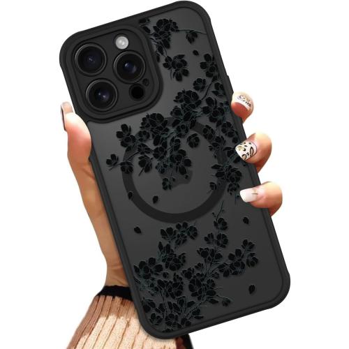 OOK Black Floral Flowers Phone Case Made for iPhone 13 Pro Max 6.7 Inch | Compatible with MagSafe, Magnetic, Translucent Phone Cover, Soft TPU   Hard PC, Anti-Scratch, Shockproof, for Women