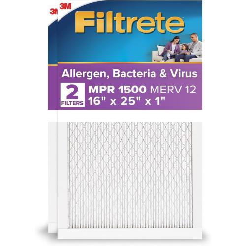 Filtrete 16x25x1 Air Filter MERV 12, MPR 1500 Certified Asthma & Allergy Friendly 2-Pack, AC Furnace HVAC Filters for Home, 3-Month Pleated Electrostatic (Actual Size 15.69 x 24.69 x 0.78 in)
