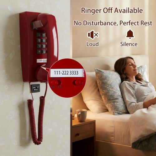 Retro Wall Phone Landline Ringer On/Off, Updated 2544 Wall Telephone,Vintage Wall Mounted Telephone Metal Base, Old Wall Phones for Landline, Backup Wall Phone for Home, Kitchen,Red