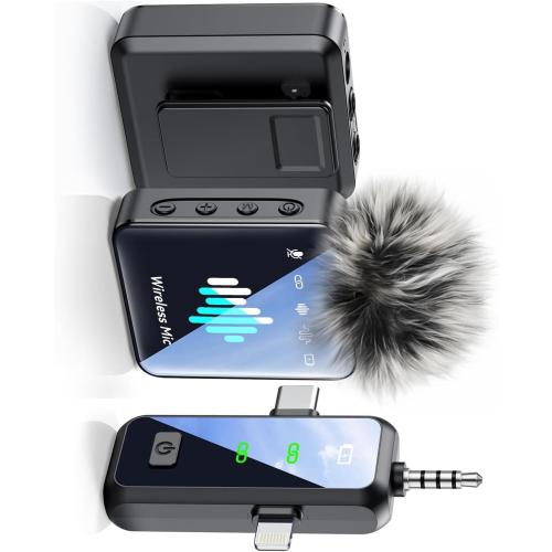3-in-1 Mini Microphone for iPhone: Wireless Lavalier Microphone with 80ft Range & 15H Battery - Noise Reduction Lapel Mic, Real-Time Monitoring for Video Recording, Vlog,Light Black