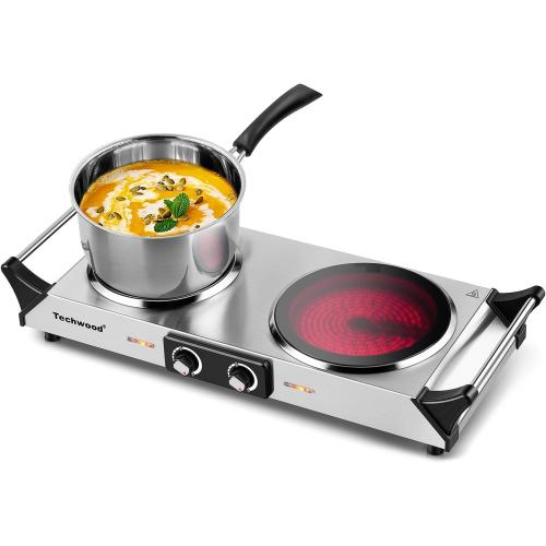 Techwood Electric Stove, Double Infrared Ceramic Hot Plate for Cooking, Two Control Cooktop Burner, Portable Anti-scald handles Suitable for Office/Home/Camp Use, 1800W Compatible for All Cookwares
