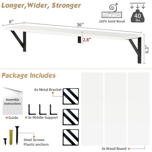 Forbena White Floating Book Shelves for Wall, 36 Inches Long Wall Shelves with Metal Brackets for Bedroom, Large Floating Bookshelf Bookshelves for Living Room Office Classroom (White Wood)