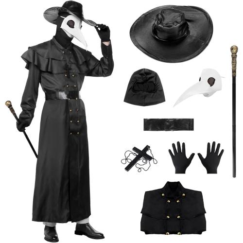 Plague Doctor Halloween Costume Adult Men White,7Pcs Plague Doctor Outfit with Mask for Mens Halloween Costumes